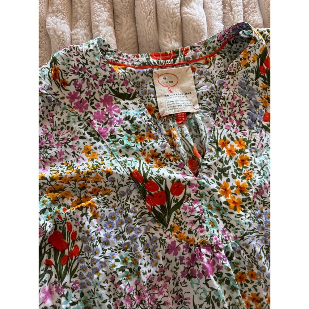Anthropologie White Multicolor Floral V-Neck Short Sleeve Blouse - Picture 3 of 6